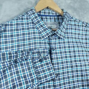 32 Bar Blues Shirt Mens 2XL Button Up Long Sleeve Blue Plaid Casual Preppy